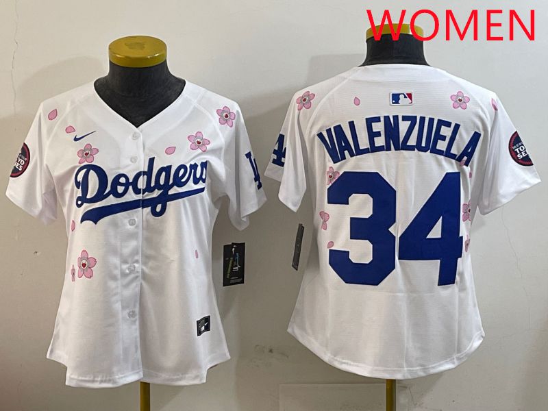Women Los Angeles Dodgers #34 Valenzuela White Sakura Edition 2025 Nike MLB Jersey style 1